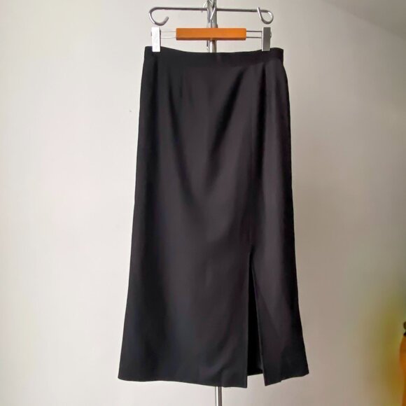 ❄️ 80s Vintage Black  Minimalist High-Waist Straight Slitted Wool Midi Skirt - Picture 1 of 7